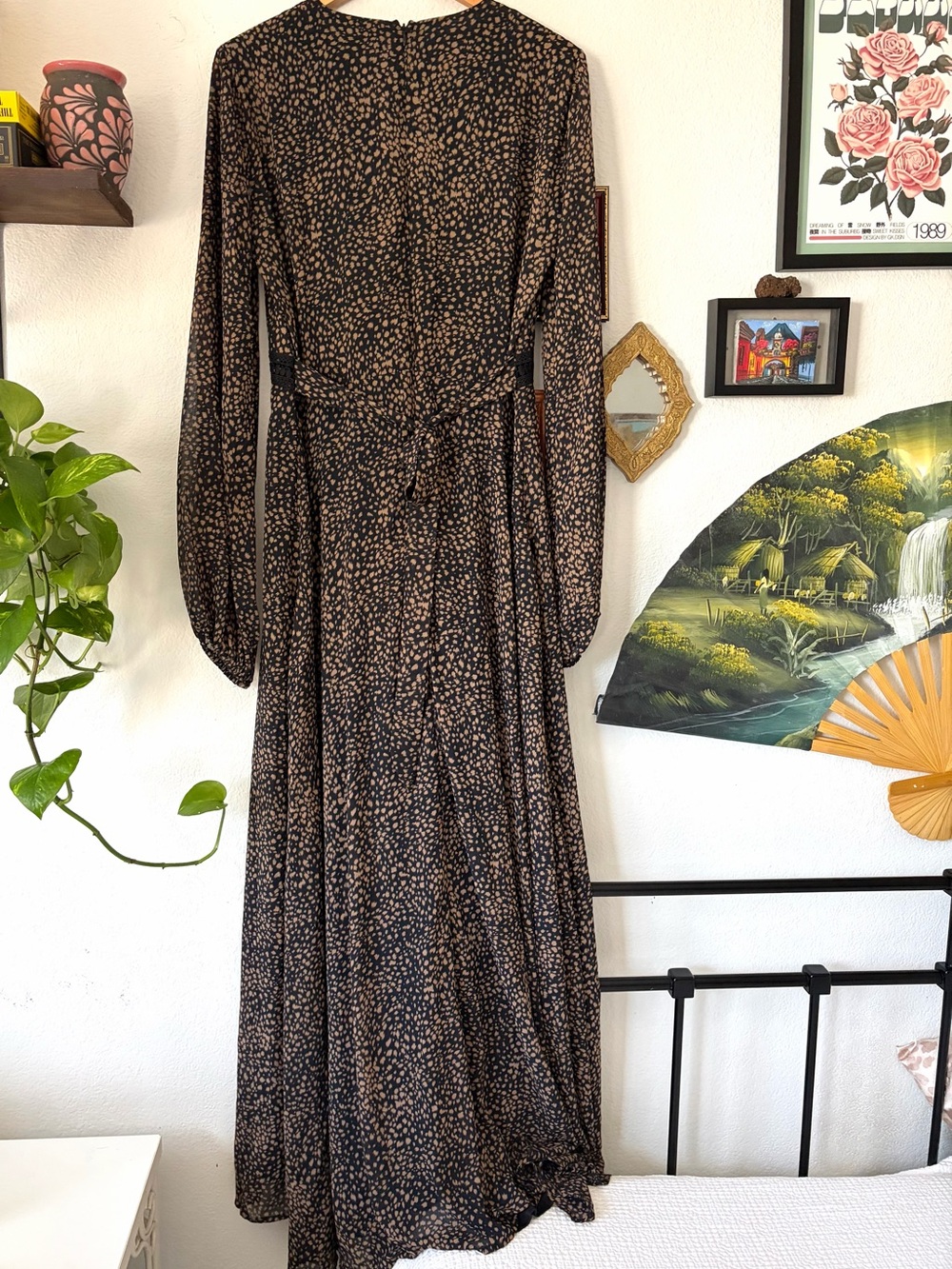 Vintage Glam Boho Animal Cha Cha Print Maxi Dress Long Sleeve V Neck Brown - XL - Picture 4 of 11